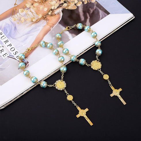 Cobee Car Rosary, 2-Piece Cross Auto Rosary, Rear View Mirror Pendant, Car Hanging Accessories, Interior Decor for Women & Men (Blue Gold)...