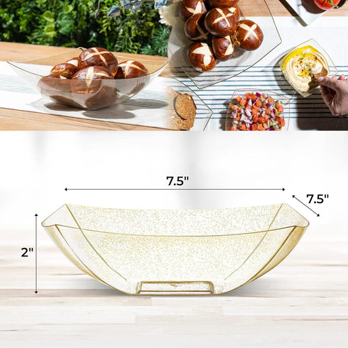Posh Setting Square Plastic Serving Bowls, Medium Gold Glitter Plastic Serving Bowls, 4 Pack Plastic Disposable Party Snack, Buffet, Chips, or Sal...