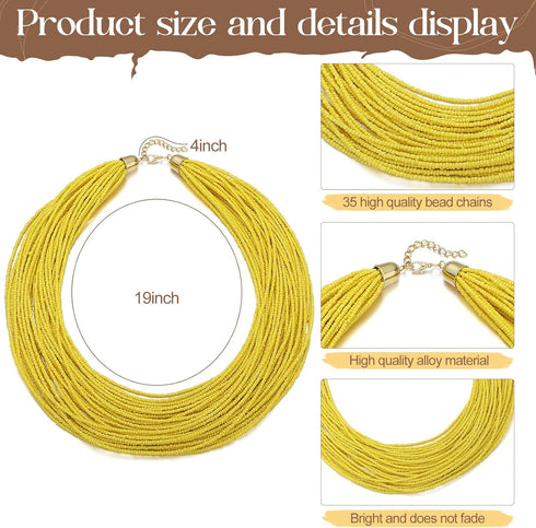 3 Pcs Multi Strand Beaded Statement Necklace Set Include Multi Layer Seed Beads Necklace Yellow Beaded Bracelet Handmade Beaded Tassel Earrings fo...