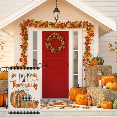 Happy Thanksgiving Fall Garden Flags for Outdoor,12x18 Double Sided,Harvest Buffalo Plaid Pumpkins Yard Flags,Small Thanksgiving Day Garden Decor ...