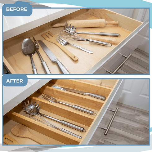 Adjustable Bamboo Drawer Dividers, Large 17"-22", Expandable Long Drawer Organizers and Separators for the Kitchen, Dresser, Bedroom, Bathroom, Of...