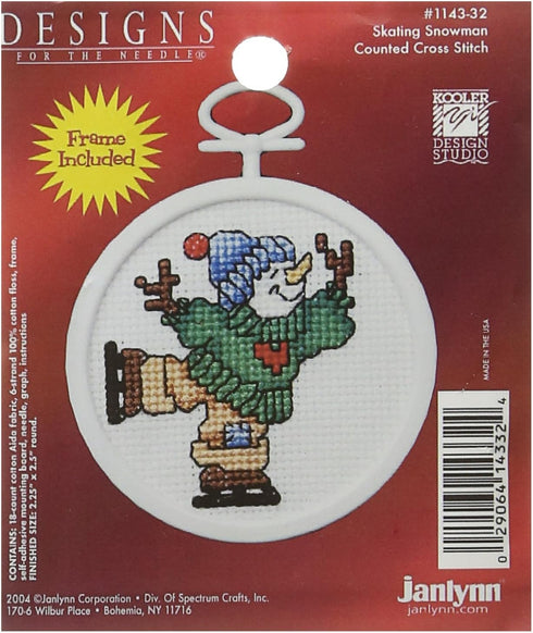 Janlynn 1143-32 18 Count Mini Counted Cross Stitch Kit, 2.5-Inch, Round, Skating Snowman...