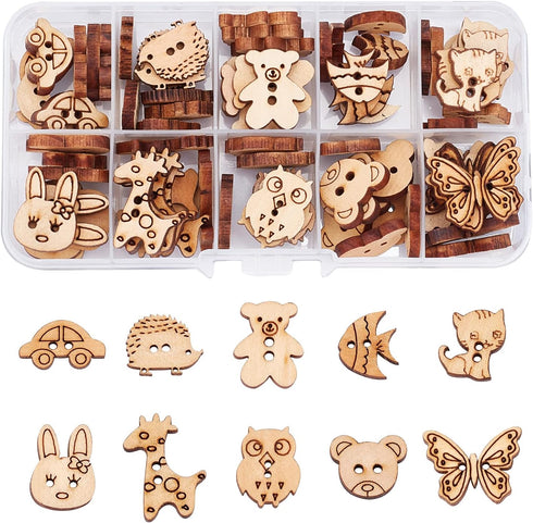 arricraft 100 Pcs Animal Style Wooden Sewing Buttons, 2-Hole Rabbit Butterfly Bear Sewing Buttons, Unfinished Wood Decorative Buttons for Sewing C...