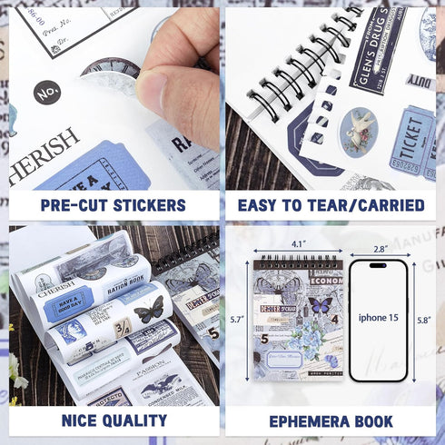 RISYPISY 473PCS Vintage Washi Sticker Book for Scrapbookling - 50 Sheets Blue Pre-cut Journaling Stickers, Ephemera for Junk Journal Supplies DIY ...