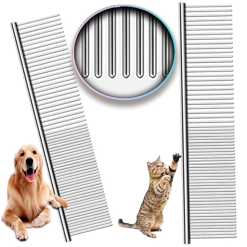 Metal Comb for Dogs, Metal Dog Combs, 2 Pack Cat Comb with Rounded Ends Stainless Steel Teeth, Professional Grooming Tool for Long and Short Matte...
