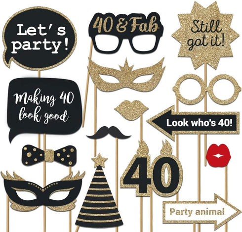 Fully Assembled 40th Birthday Photo Booth Props - Set of 30 - Black & Gold Selfie Signs - 40th Party Supplies & Decorations - Cute Bday Designs wi...
