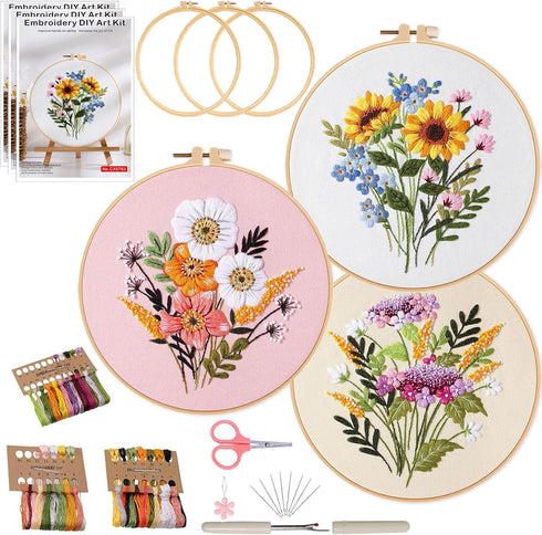 Ohcol 3 Sets Embroidery Kit for Beginners with Easy-to-Follow Operating Instructions,Cross Stitch Kits for Adults with Flowers Patterns,Needlepoin...