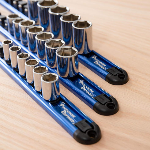 Precision Defined Aluminum Tool Socket Holder | Blue, Single 3/8-Inch Socket Organizer x 16 Clips | Heavy Duty Socket Rails Organizer, Socket Stor...
