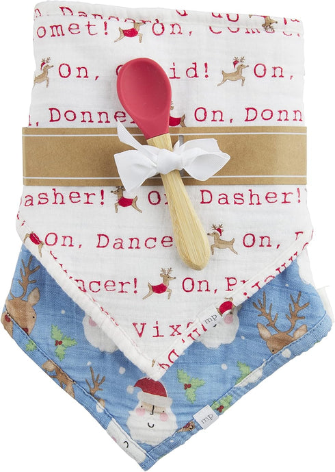 Mud Pie Muslin Christmas Bib and Silicone Spoon Set, Reindeer/Santa...