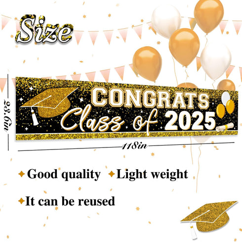 2025 Graduation Decorations Gold Class of 2025 Banner Large Congrats Grad Graduation 2025 Yard Signs for Graduate Party Supplies (Gold)...