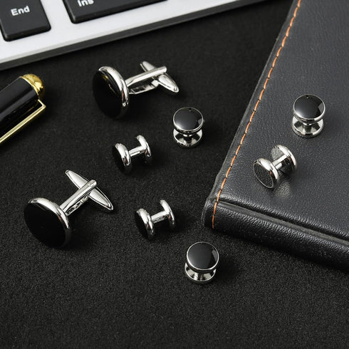 FM FM42 Mens Black Enameled Round Cufflinks Set for Clothing Shirts, Pack of 8...