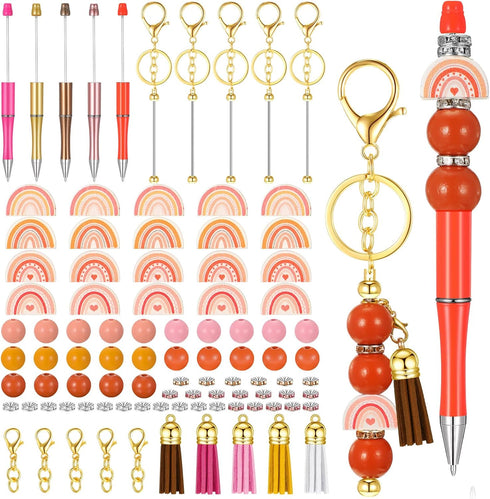 10 Set Beadable Pens and Beadable Keychain with Tassels, Lobster Clasps, Pendants Plenty Colorful Beads Bulk DIY Making Kit for Women Kid Student ...