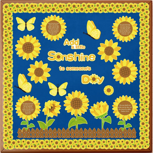 Fulmoon 55 Pcs Sunflower Bulletin Board Set Religious Sunflower Cutouts with Butterflies Fences Bulletin Cardboard with Inspiring Bible Verses for...