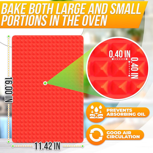 Silicone Baking Mat - 16x11.5" Non Stick Silicone Cooking Mat Fat Filtering Red Pyramid Design, for Roasting, BBQ & Pastry Making - Oven and Micro...
