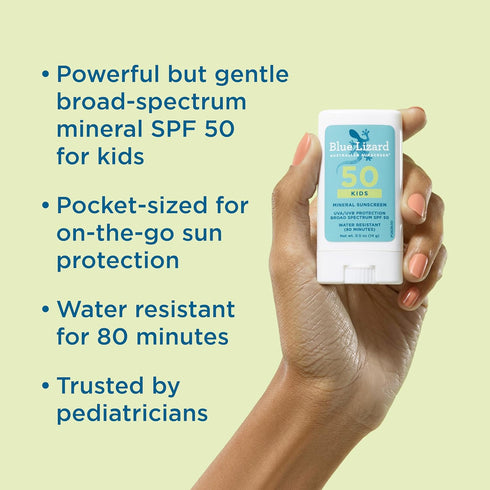 BLUE LIZARD Mineral Sunscreen Stick with Zinc Oxide SPF 50+ Water Resistant UVA/UVB Protection Easy to Apply Fragrance Free, Kids, Unscented, 0.5 ...