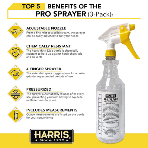HARRIS Professional Spray Bottle 32oz (3-Pack), All-Purpose for Cleaning and Plants with Clear Finish, Pressurized Sprayer, Adjustable Nozzle and ...