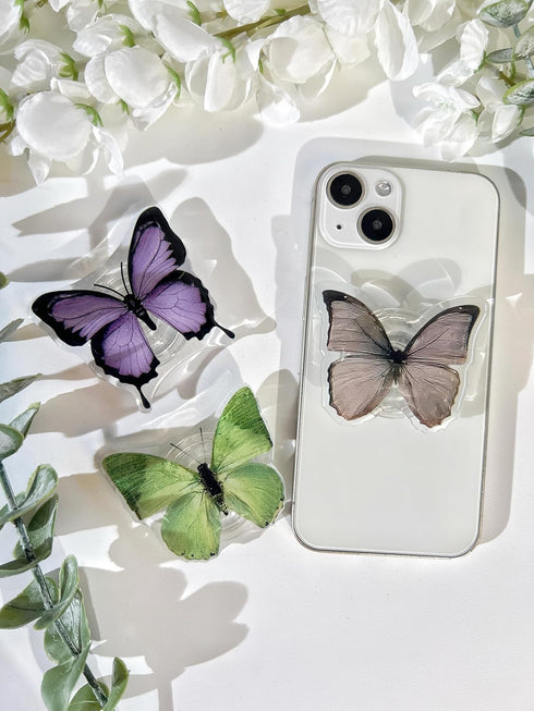 Butterfly Sticky Mobile Phone Grip, Clear Cell Phone Stand, Expanding Cell Phone Charms Accessory, Interchangeable Finger Kickstand, Collapsible H...