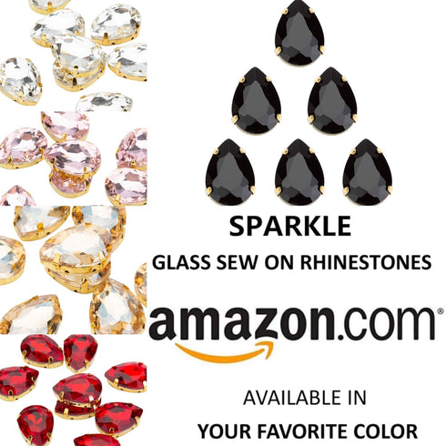 Choupee Sew On Rhinestone Tear Drop Crystal Rhinestones in Gold Setting 48 Pcs (Black, 13 X 18 MM)...