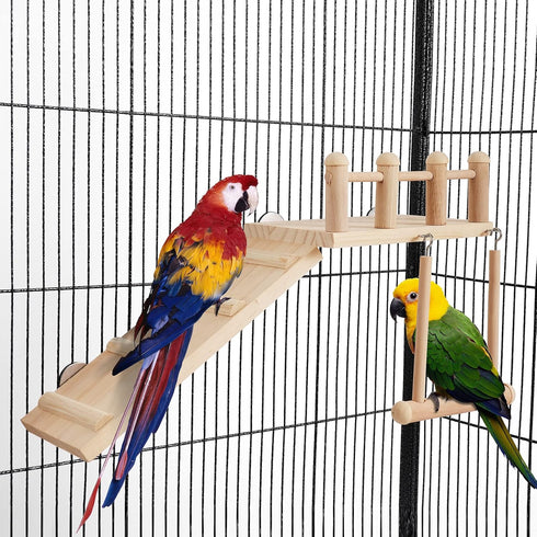 Bird Perches Platform Swing with Climbing Ladder, Parakeet Cage Accessories Wooden Playing Gyms Exercise Sturdy for Small Birds...