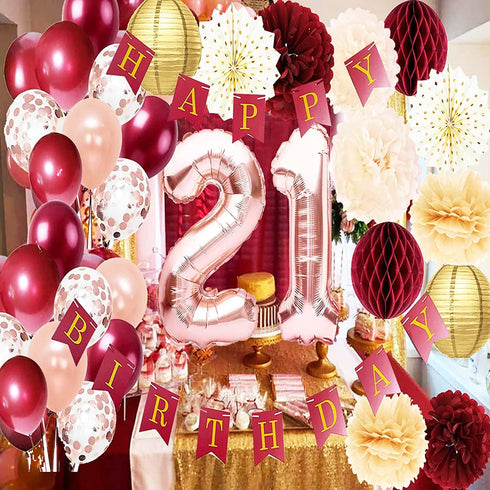 Qian's Party 21st Birthday Decorations, Wine Burgundy Rose Gold, Women's Department, Includes 51 Pieces...
