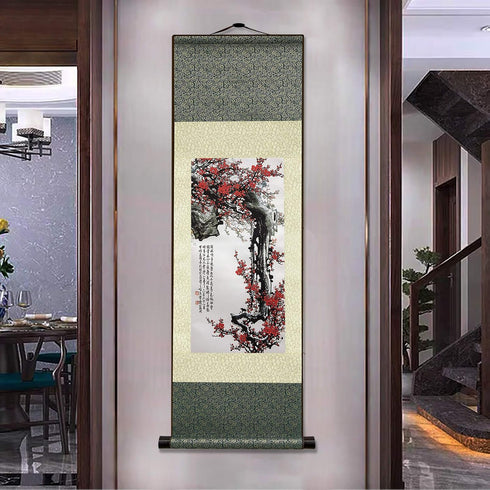 AtfArt Asian Wall Decor Beautiful Silk Scroll Painting Flowers - Proud Plum - Iron Heart Oriental Decor Chinese Art Wall Scroll Wall Hanging Paint...