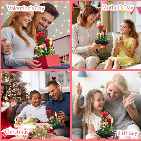 Flower Bouquet Building Set, 549PCS Red Rose Mini Flowers Building Blocks, Decorated Flower with Dust Cover and Lights, Mini Gift Kits for Adults,...