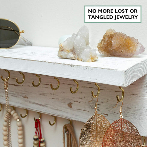Ilyapa Wall Mounted Jewelry Organizer Shelf, Rustic White Wood - Necklace Holder, Earring and Bracelet Hanger Rack...