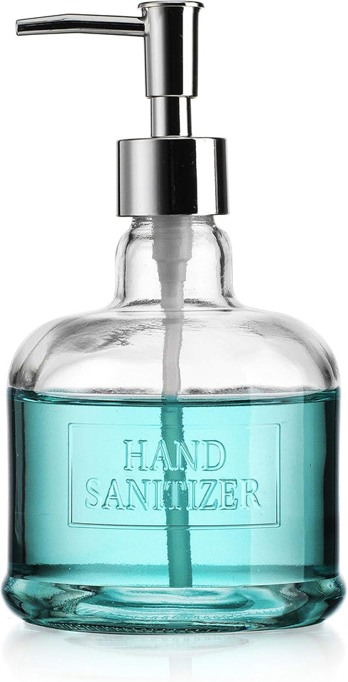 Elegant Home 18 Oz 7" Clear Embossed Glass Hand Sanitizer Dispenser Holder Bottle - Refillable, Acrylic Pump Ideal for Soap, Body Lotion, Essentia...