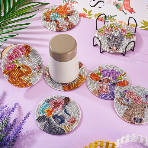 BB Beadthoven 8pcs Bohemian Diamond Art Painting Coasters Kits with Holder Floral Cow Cattle Ox Bull Diamond Coasters Kit Animal 5D Diamond Gem Pa...