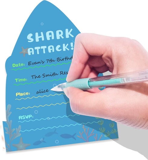 Yangmics Direct 25 Pack Shark Birthday Party Invitations with Envelopes-Double Sided -Shaped Fill-In Invitations-Shark party supplies...