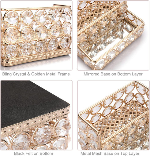 Hipiwe 2 Tiers Crystal Business Card Holder Stand Gold Mirrored Business Card Display Stand Organizer Desktop Business Card Storage Holder for Off...