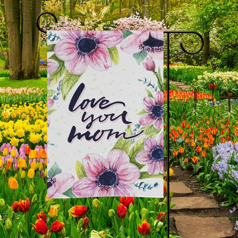 Floral Anemone with Quote Love You Mom Garden Flag Home Polyester Fabric Happy Mothers Day Welcome House Yard Banner,12x18 Inch...