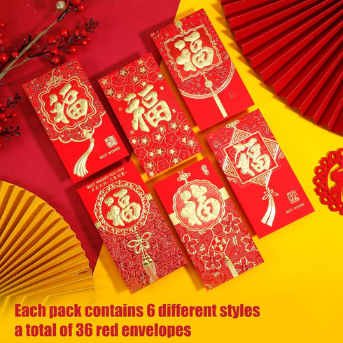 36pcs Chinese New Year Red Envelopes, 2024 New Year Hong Bao, 6 Styles Large Spring Festival Red Pocket Lucky Money Packets for Year of The Dragon...