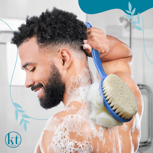 2in1 Shower Brush with Loofah - Long Handle Back Scrubber Brush Exfoliating Skin Bath Mesh Sponge Back, Body, and Feet, Soft Massage Bristles for ...