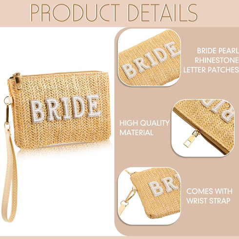 Bride Straw Clutch Purse Pearl Rhinestone Wedding Straw Handbag Women's Bohemian Wristlet Purse for Honeymoon Bridal...