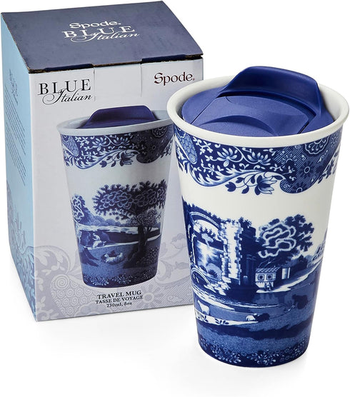 Spode Blue Italian 8oz Porcelain Travel Mug with Lid – Scenic Patterned Drinkware with Decorative Border - Portable Ceramic Coffee Cup for Brunch,...