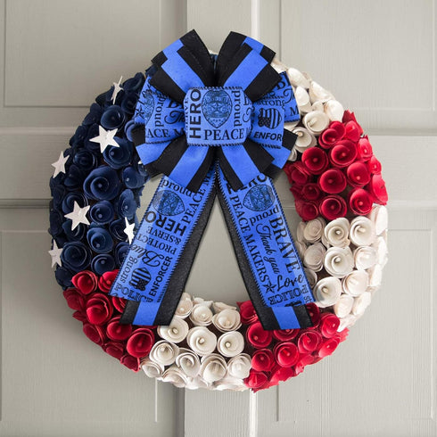 2 Rolls 20 Yards Police Support Wired Edge Ribbon, 2.5"Blue Black Stripe Police Badge Burlap Ribbon Memorial Day Patriotic Ribbons for Wreath Bow ...