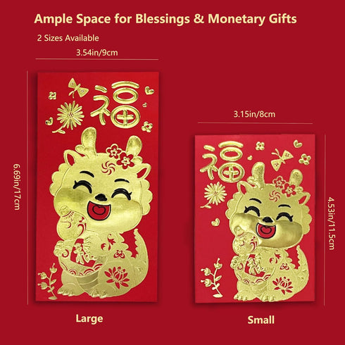 36Pcs Red Envelopes Chinese New Year of The Dragon, Lunar Chinese New Year Red Envelopes 2024, Lucky Money Red Packets Hong Bao with 6 Cute Gold F...