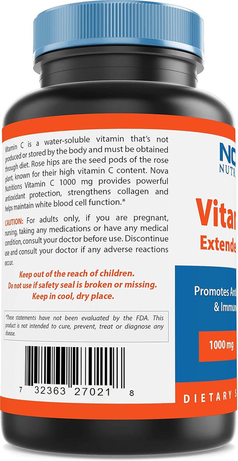 Nova Nutritions Vitamin C 1000 mg 240 Tablets (Extended Release) Made with Rose HIPS, Rutin, Acerola Powder, Bioflavonoids...