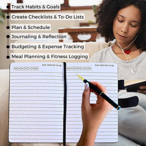 Black A5 Hardcover Notebook, 144 Pages, Lined Leather Journal with Pen, Better Everyday Journal & Daily Planner for Tasks, Checklists, Writing, Pr...