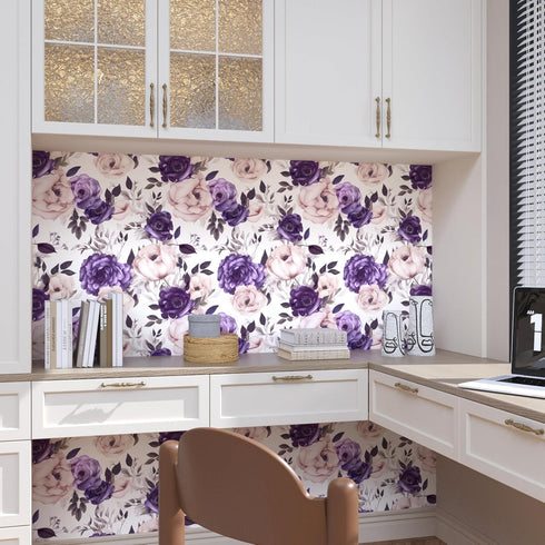 White Purple Big Floral Wallpaper Peel and Stick Boho Contact Paper Modern Self Adhesive Vinyl Removable Stick on Bedroom Bathroom Countertop Cabi...