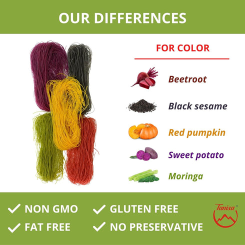 TANISA 5 Natural Vegetable Color Vermicelli Rice Noodles, Gluten Free Ramen Noodles, Non GMO, Low Carb Noodles, Impressive Meals for Family (0.8mm...
