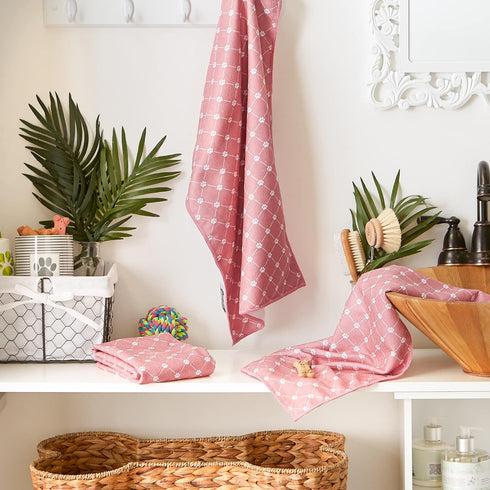 Bone Dry Pet Grooming Towel Collection Trellis Print, Microfiber Absorbent Drying Set, 15x30, Rose, 3 Count...