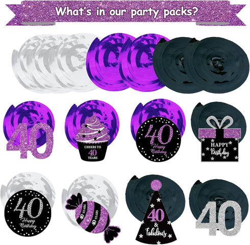 40th Birthday Decorations Women Purple Black Silver Women 40th Birthday Party Decorations Purple Silver Black Foil Hanging Swirls...