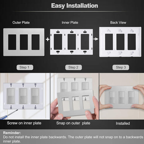 BESTTEN 5 Pack 3-Gang Signature Collection Silver Screwless Wall Plate, Decorator Outlet Cover, USWP8 Series, H4.69” x W6.54”, for Light Switch, D...