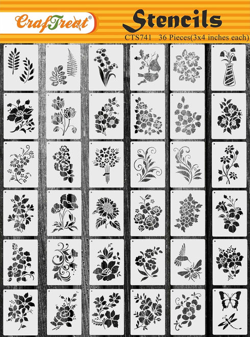 CrafTreat 36 Pieces Flower Stencils for Painting (3x4), DIY Stencils for Painting on Wood, reusable Floral Stencil, Elegant Flower Drawing Stencil...