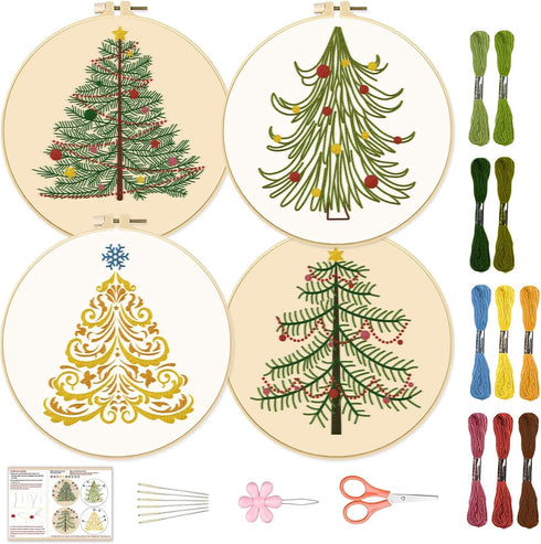 BEUNITONE 4PCS Christmas Tree Embroidery Kit Merry Christmas Stamped Cross Stitch Kit Snowflake Pine Tree Needlepoint Kit DIY Adult Beginner Stamp...