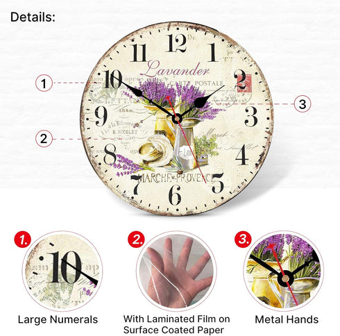 TAHEAT Romantic Lavander Wall Clock, French Purple Love Floral Clocks, Accurate Decorative Easy to Read Wall Clock for Living Room/Bedroom/Bathroo...