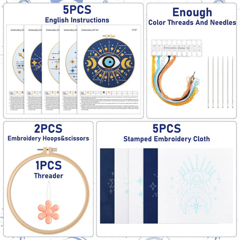 5 Pcs Evil Eye Embroidery Starters Set for Beginners Stamped Cross Stitching Kits for Adults, 5 Embroidery Cloth with Patterns, Hoop, Needles, Thr...