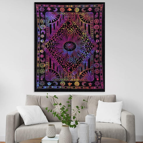 THE ART BOX Multi Purple Mandala Sun and Moon Aesthetic Wall Tapestry – Celestial Cotton Wall Hanging for Bedroom Indie Decor...